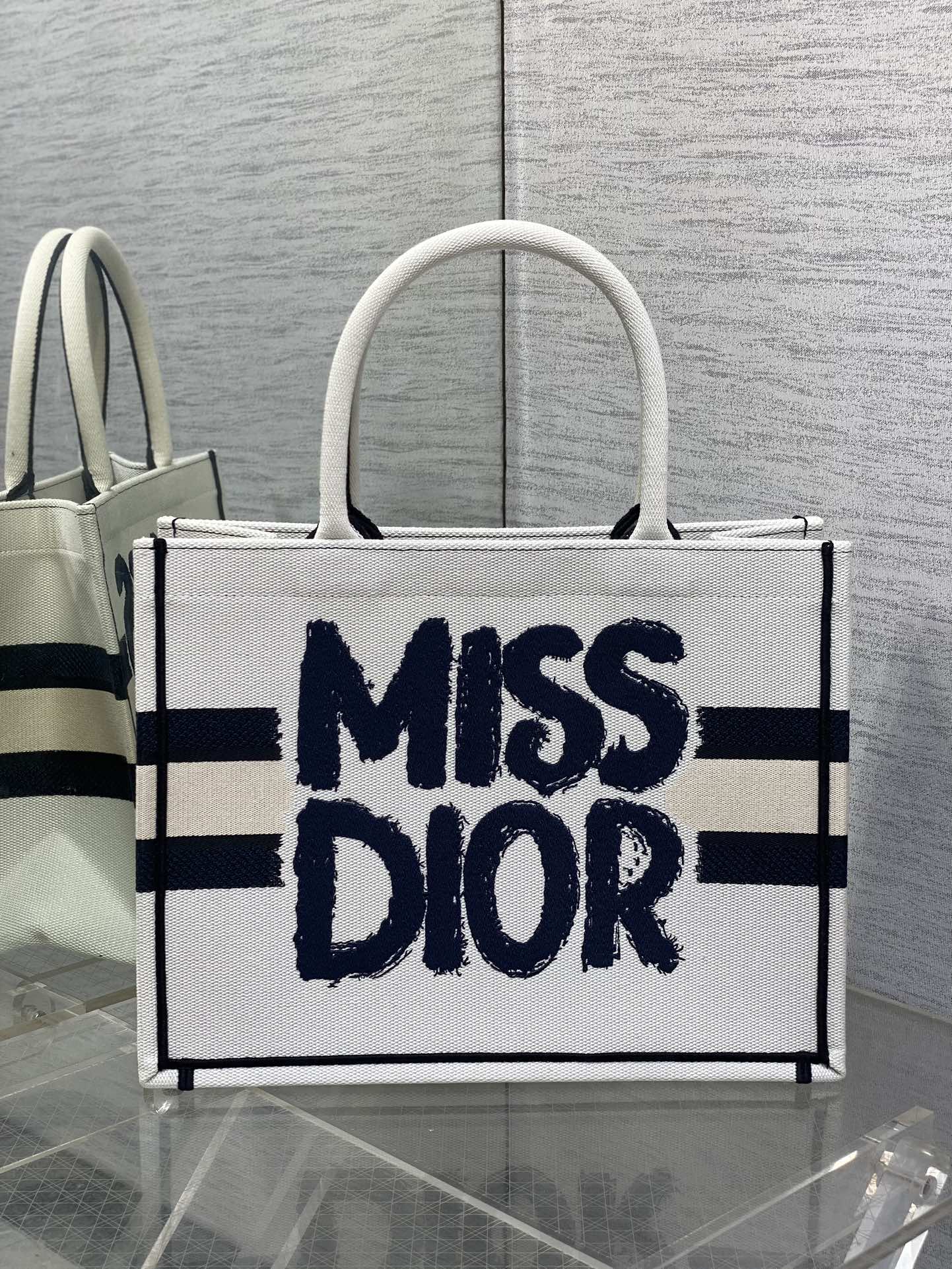 Medium Dior Book Tote Bag White and Blue Miss Dior Graffiti Embroidery